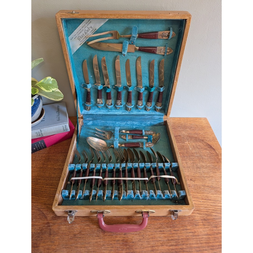 Vintage Star Ruby Thai Bronze Flatware Set Siam Rosewood Brass Goddess 28pc Case